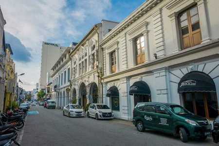 George Town, Malaysia - March 10, 2017: Beautiful scenic view contrasting old and modern architecture in the downtown area of the city.のeditorial素材