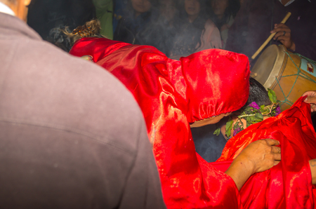 Quito, Ecuador - May 27, 2015: Close up of an unidentified man dressed up as devil in the diabladaのeditorial素材