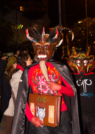 Quito, Ecuador - february 02, 2016: An unidentified people dressed up participating in the Diablada, popular town celebrations with people dressed as demonのeditorial素材