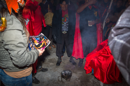 Quito, Ecuador - May 27, 2015: Close up of an unidentified people in the diablada having funのeditorial素材