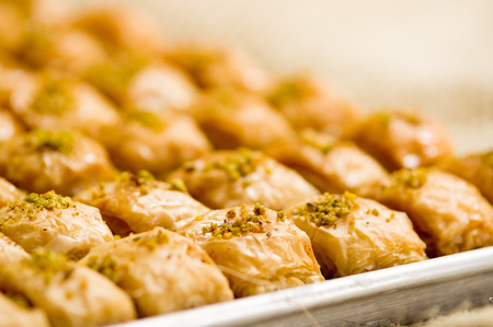 Close up of a delicious traditional turkish food baklava with pistachioの写真素材