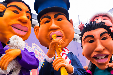 Quito, Ecuador - December 31, 2016: Traditional monigotes or stuffed dummies representing political figures, anime or famous cartoons, with a short description that will get burned to celebrate new year in Ecuadorのeditorial素材