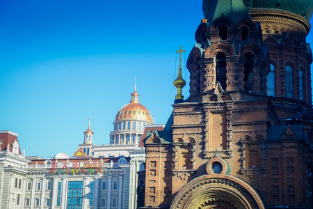 Saint Sophia Cathedral, is a former Russian Orthodox church located in the central district of Daoliin in Harbin cityの写真素材