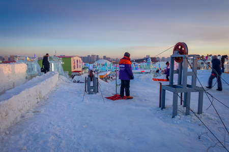 Harbin, China - February 9, 2017: Harbin International Ice and Snow Sculpture Festival is an annual winter festival that takes place in Harbin. It is the world largest ice and snow festival.のeditorial素材