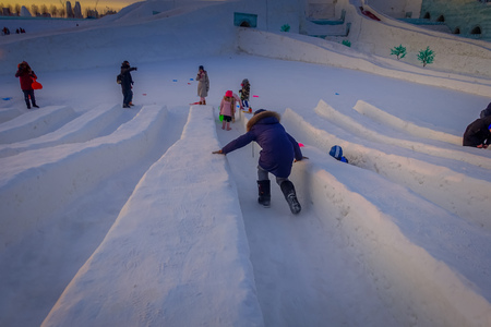 Harbin, China - February 9, 2017: Harbin International Ice and Snow Sculpture Festival is an annual winter festival that takes place in Harbin. It is the world largest ice and snow festival.のeditorial素材