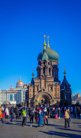 Harbin, China - February 9, 2017: Saint Sophia Cathedral, is a former Russian Orthodox church located in the central district of Daoli.のeditorial素材