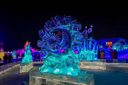 Harbin, China - February 9, 2017: Spectacular ice sculptures in Harbin International Ice and Snow Sculpture Festival, the world largest ice and snow festival.のeditorial素材
