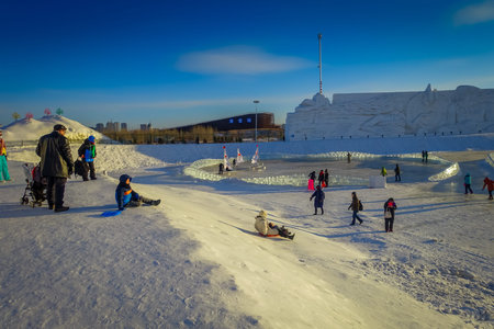 Harbin, China - February 9, 2017: Harbin International Ice and Snow Sculpture Festival is an annual winter festival that takes place in Harbin. It is the world largest ice and snow festival.のeditorial素材