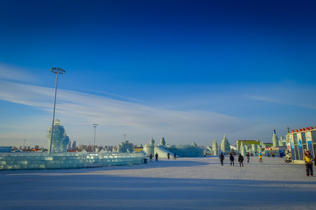 Harbin, China - February 9, 2017: Ice sculptures in Harbin Winter Festival, the worlds largest ice and snow festival.のeditorial素材