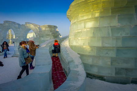Harbin, China - February 9, 2017: Harbin International Ice and Snow Sculpture Festival is an annual winter festival that takes place in Harbin. It is the world largest ice and snow festival.のeditorial素材