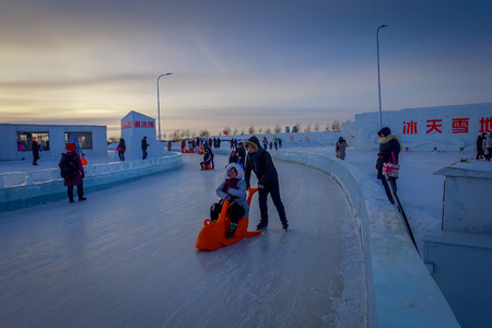Harbin, China - February 9, 2017: Harbin International Ice and Snow Sculpture Festival is an annual winter festival that takes place in Harbin. It is the world largest ice and snow festival.のeditorial素材