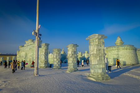 Harbin, China - February 9, 2017: Harbin International Ice and Snow Sculpture Festival is an annual winter festival that takes place in Harbin. It is the world largest ice and snow festival.のeditorial素材