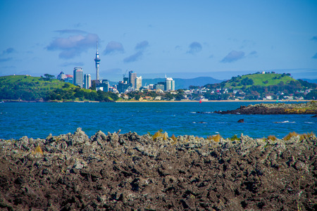 AUCKLAND, NEW ZEALAND- MAY 12, 2017: View of the mainland Auckland city from Rangitoto islandのeditorial素材