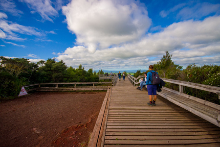 AUCKLAND, NEW ZEALAND- MAY 12, 2017: Unidentified people enjoying the beautiful view from top in the mountain in Rangitoto Island walking in wooden paths, New Zealand in a sunny dayのeditorial素材