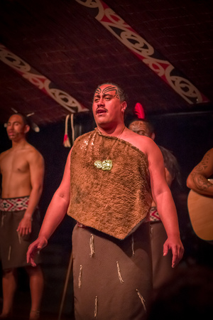 NORTH ISLAND, NEW ZEALAND- MAY 17, 2017: Close up of a Tamaki Maori man with traditionally tatooed face in traditional dress at Maori Culture, with a traditional necklage around of his head inTamaki Cultural Village, New Zealandのeditorial素材