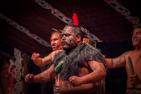 NORTH ISLAND, NEW ZEALAND- MAY 17, 2017: Close up of a Tamaki Maori leader man dancing with traditionally tatooed face and in traditional dress at Maori Culture wearing a red feather in his head, Tamaki Cultural Village, Rotorua, New Zealandのeditorial素材