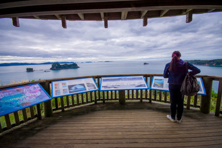 NORTH ISLAND, NEW ZEALAND- MAY 16, 2017: An unidentified woman reading an informative sign in cathedral Cove marine reserve on the Coromandel Peninsula in New Zealandのeditorial素材