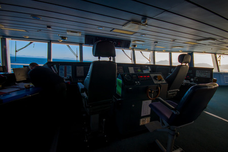 SOUTH ISLAND, NEW ZEALAND- MAY 25, 2017: Ferry boat pilot command cabin with view on the seaのeditorial素材