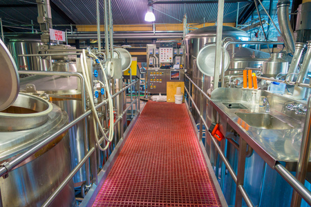 SOUTH ISLAND, NEW ZEALAND- MAY 25, 2017: Modern Beer Factory, steel tanks for beer fermentation and maturation, monteiths beer factory, south island in New Zealandのeditorial素材