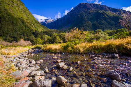 Beautiful landscape of high mountain glacier at milford sound, in south island in New Zealandの写真素材