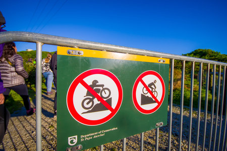 SOUTH ISLAND, NEW ZEALAND- MAY 25, 2017: An informative sign of do not allow biking in the mountain, in New Zealandのeditorial素材