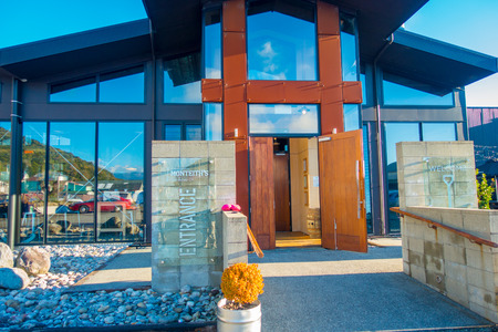 SOUTH ISLAND, NEW ZEALAND- MAY 25, 2017: Building entrance of modern beer Factory, monteiths beer factory, south island in New Zealandのeditorial素材