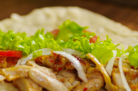 Delicious un-wrapped shawarma, with meat and vegetablesの写真素材