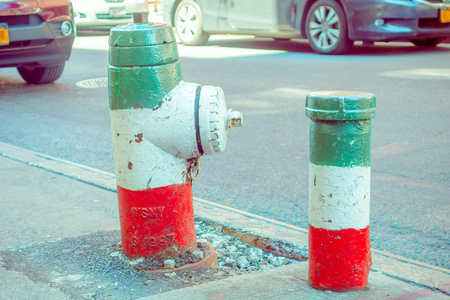 NEW YORK, USA - MAY 05, 2017: The streets of Manhattan New York and specifically the Litle Italy area with a hydrant with the color of the flag of Italy in New York Usa.のeditorial素材