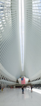 NEW YORK, USA - MAY 05, 2017: Unidentified people looking up at the interior of Santiago Calatrava's...