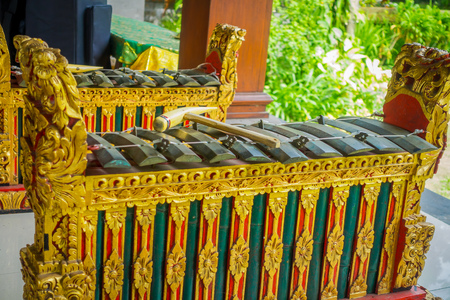 BALI, INDONESIA - MARCH 08, 2017: Hindu musical instruments inside of the temple, traditional national instruments, in Denpasar, Bali Indonesiaのeditorial素材