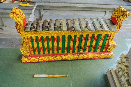 BALI, INDONESIA - MARCH 08, 2017: Hindu musical instruments inside of the temple, traditional national instruments, in Denpasar, Bali Indonesiaのeditorial素材