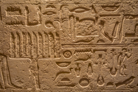 HOUSTON, USA - JANUARY 12, 2017: Egyptian art on wall exposed at the Ancient Egypt area in National Museum of Natural Science in Orlando Houston in USA, in a black backgroundのeditorial素材