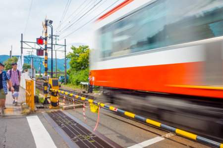 HAKONE, JAPAN - JULY 02, 2017: Blurred or moved train because of the speed at Hakone Tozan cable...