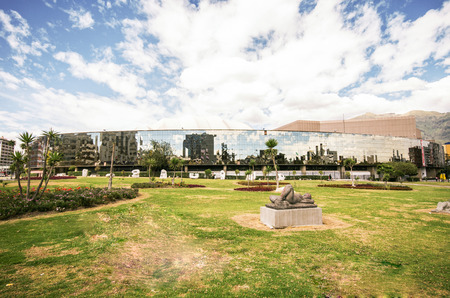 QUITO, ECUADOR - MAY 07, 2017: Beautiful view at casa de la Cultura in the north of the city of Quito in a beautiful blue skyのeditorial素材
