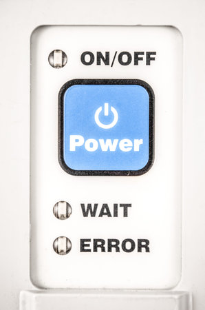 Close up of a power button, on and off. Hardware equipment concept, in a white background