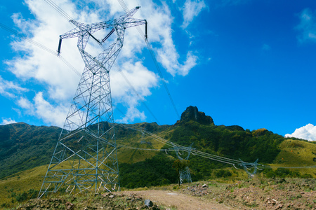 Beautiful landscape of Papallacta mountains in a sunny day with electrict towers in Quito Ecuadorの写真素材