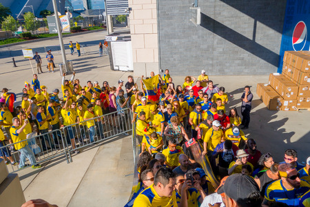NEW YORK, USA - NOVEMBER 22, 2016: Unidentified ecuadorian fans in the line to enter to Metlife Stadium to see the football game in New York Usaのeditorial素材