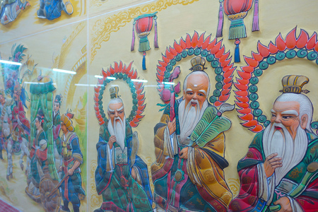 HONG KONG, CHINA - JANUARY 26, 2017: Ancient draw at wall inside of Tsz wan temple, in Hong Kong.のeditorial素材