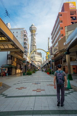 OSAKA, JAPAN - JULY 18, 2017: Tsutenkaku Tower is a tower and well-known landmark of Osaka. It is located in the Shinsekai district of Naniwa-ku, Osaka, Japan.のeditorial素材
