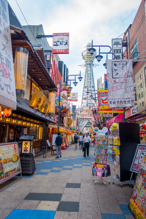 OSAKA, JAPAN - JULY 18, 2017: Tsutenkaku Tower is a tower and well-known landmark of Osaka. It is located in the Shinsekai district of Naniwa-ku, Osaka, Japan.のeditorial素材