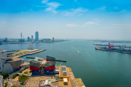 OSAKA, JAPAN - JULY 18, 2017: Aerial view of Aquarium Kaiyukan in Osaka. It is an aquarium located in the ward of Minato in Osaka, Japan, near Osaka Bay. It is one of the largest public aquariums in the world in a sunny day.のeditorial素材