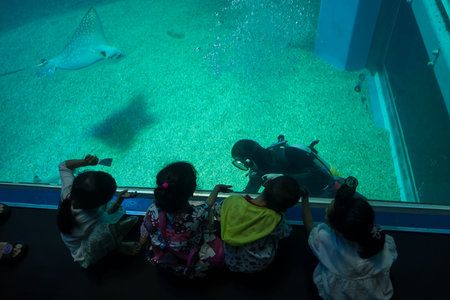 OSAKA, JAPAN - JULY 18, 2017: Unidentified children enjoying sea creatures and and looking at diver at Osaka Aquarium Kaiyukan in Osaka, Japan.のeditorial素材