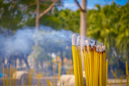Close up of Buddhist prayer sticks burning in the censer in Po Lin Monastery, Lantau Island in Hong...