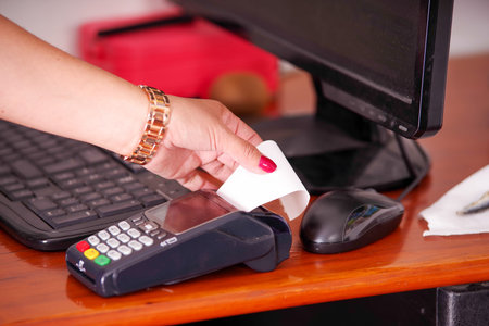 Modern payment with new technology of payments using a smart watch, and taking the receive, buy and...