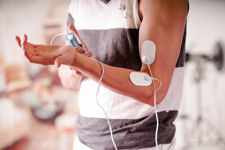 Close-up of a man holding an electrode machine in his hand and with electrostimulator electrodes in the arm of a fitness young man in a blurred backgroundの写真素材
