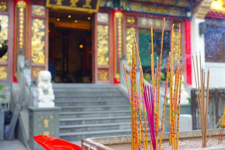 HONG KONG, CHINA - JANUARY 22, 2017: Close up of incenses burning up, inside of Wong Tai Sin Buddhist Temple to pray, in Hong Kong, Chinaのeditorial素材