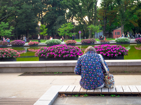 KYOTO, JAPAN - JULY 05, 2017: Unidentified woman sitting in a public chair enyoing the view of flowers and artificial pon in a Zen Garden of Tenryu-ji, Heavenly Dragon Temple. In Kyotoのeditorial素材