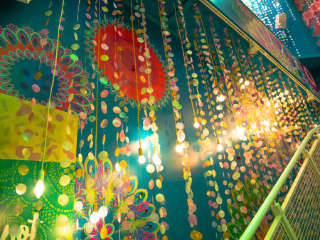 KYOTO, JAPAN - JULY 05, 2017: Beautiful structures iluminated with yellow lights inside of a building near of Gion DIstrict, Kyotoのeditorial素材