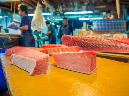 TOKYO, JAPAN JUNE 28 - 2017: Seafood for sale at the Fish Market Tsukiji wholesale in Tokyo Japan, Tsukiji Market is the biggest wholesale fish and seafood market in the worldのeditorial素材