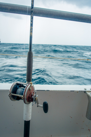 FORT LAUDERDALE, USA - JULY 11, 2017: Close up of a fishing rod in a big boat in the water at Fort Lauderdale, Floridaのeditorial素材